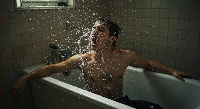 A man throwing water over himself in a tiled bathtub