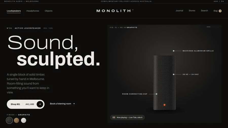 Monolith Audio product page: a dark timber loudspeaker beside the headline Sound, sculpted